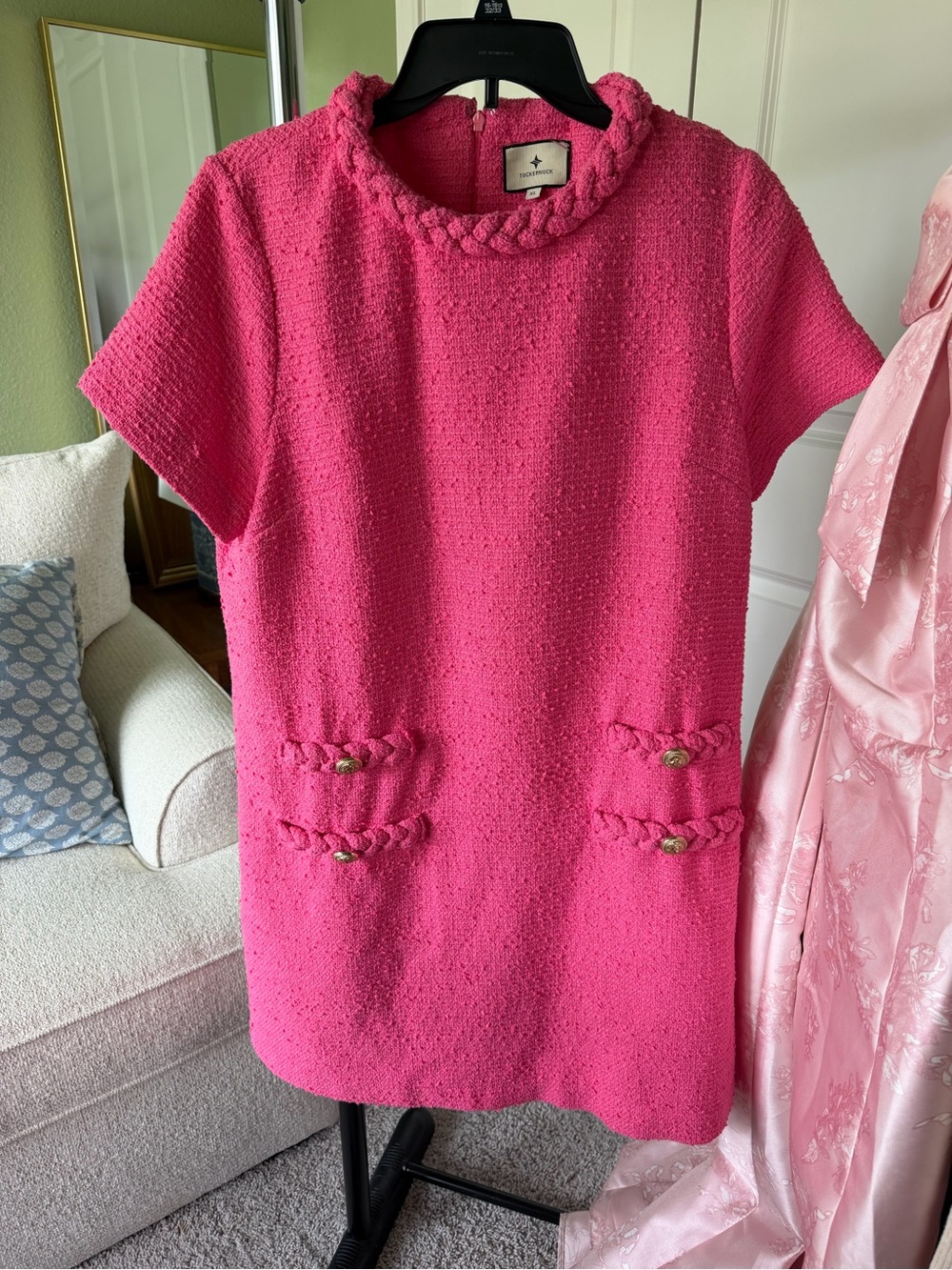 Tuckernuck Hot Pink Tweed Shift Dress with Braided Trim Jackie